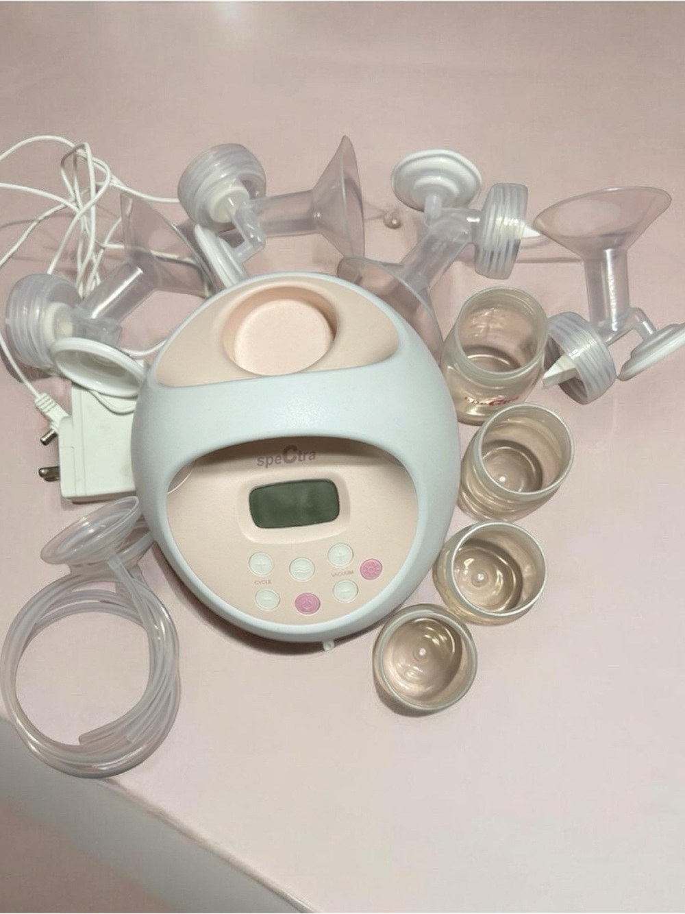 Spectra Electric Breast Pump with Double Flanges and bottles- White & Light Pink